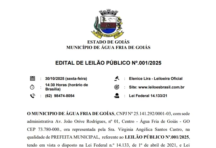 Água Fria de Goiás realiza leilão de bens inservíveis